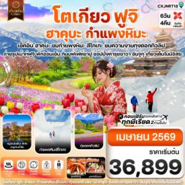 ทัวร์ญี่ปุ่น โตเกียว ฮาคุบะ สึไกเกะกำแพงหิมะ ทิวลิป เที่ยวเต็มไม่มีอิสระ 6 วัน 4 คืน