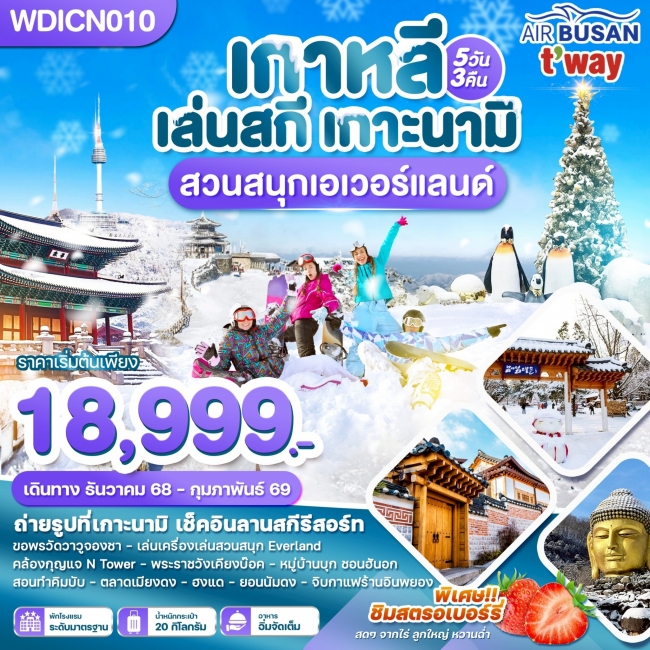 ทัวร์เกาหลี เล่นสกี เกาะนามิ สวนสนุกเอเวอร์แลนด์ 5 วัน 3 คืน