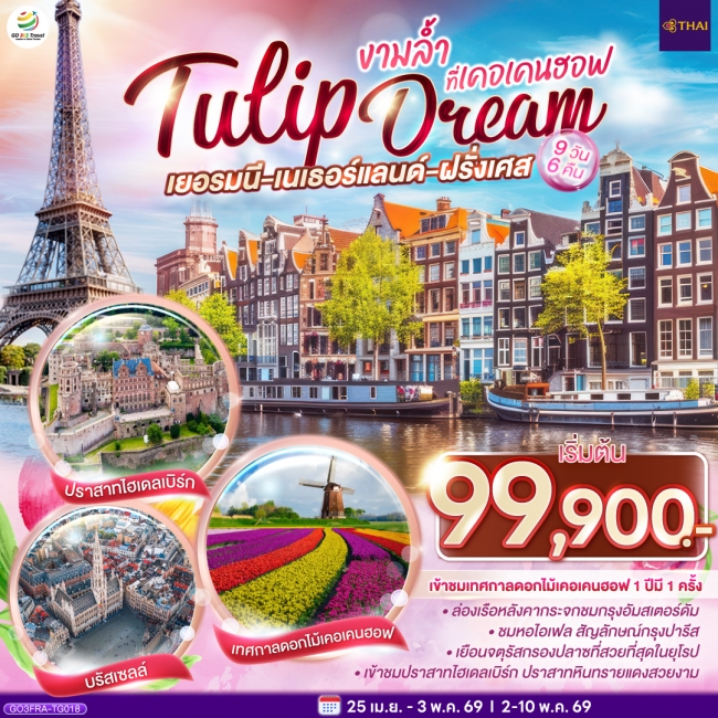 ทัวร์ยุโรป เยอรมนี เนเธอร์แลนด์ เบลเยียม ฝรั่งเศส Tulip Dream งามล้ำที่เคอเคนฮอฟ 9 วัน 6 คืน