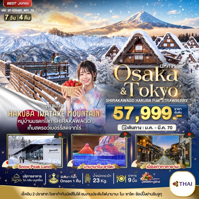 ทัวร์ญี่ปุ่น มหัศจรรย์ OSAKA โตเกียว ชิราคาวาโกะ ทาคายาม่า 7 วัน 4 คืน