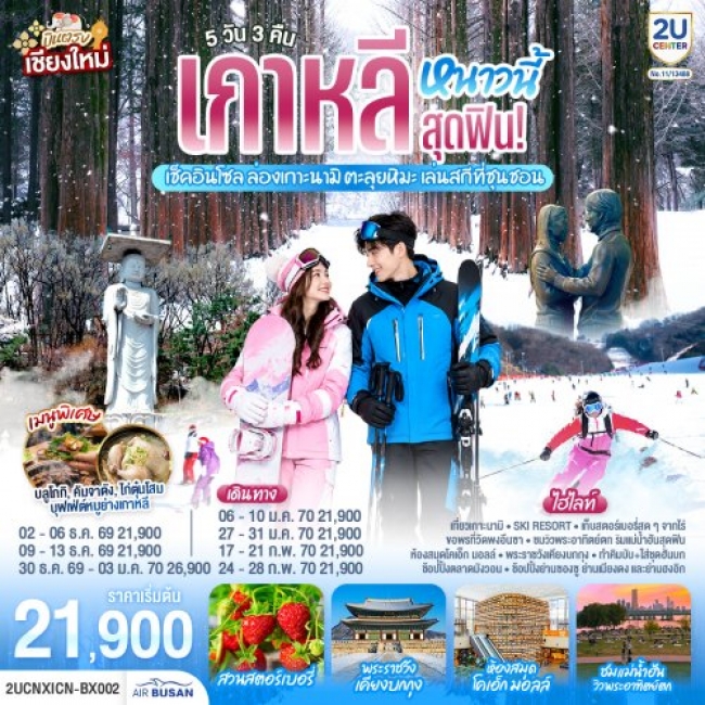 ทัวร์เกาหลี บินตรงเชียงใหม่ ล่องเกาะนามิ ตะลุยหิมะ เล่นสกีที่ชุนชอน 5 วัน 3 คืน ทัวร์เกาหลี บินตรงเชียงใหม่ ล่องเกาะนามิ ตะลุยหิมะ เล่นสกีที่ชุนชอน 5 วัน 3 คืน