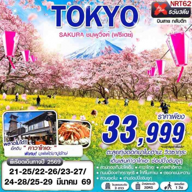 ทัวร์TOKYO SAKURA ชมพูวิ๊งค์ (ฟรีเดย์) (MAR) 5D3N