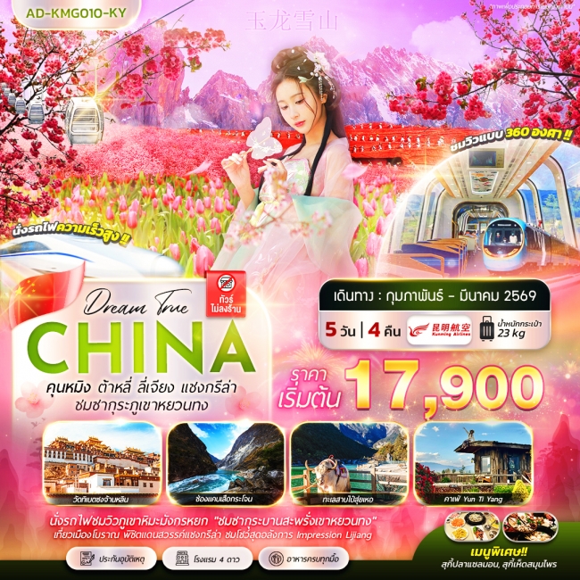 ทัวร์จีน คุนหมิง ต้าหลี่ ลี่เจียง แชงกรีล่า ชมซากุระภูเขาหยวนทง