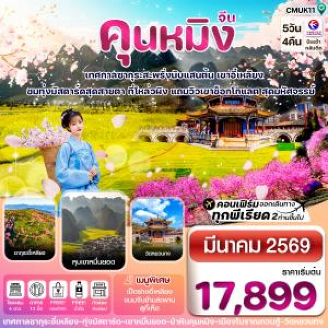 ทัวร์คุนหมิง-ป่าหิน-ซากุระอี๋เหลียง-ทุ่งมัสตาร์ด 5วัน4คืน