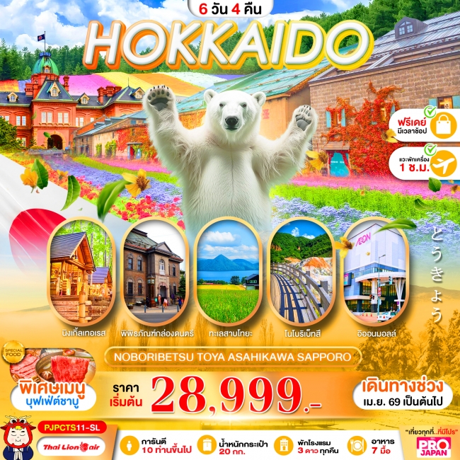 ทัวร์ญี่ปุ่น HOKKAIDO NOBORIBETSU TOYA ASAHIKAWA SAPPORO FREE DAY 6D4N