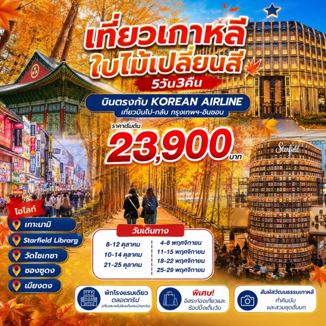 ทัวร์เกาหลีใต้ ชมใบไม้เปลี่ยนสี 5วัน3คืน ทัวร์เกาหลีใต้ ชมใบไม้เปลี่ยนสี 5วัน3คืน